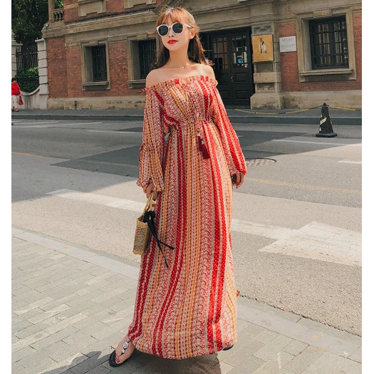 Bohemian Off the Shoulder Floral Print Orange Chiffon Long Dress