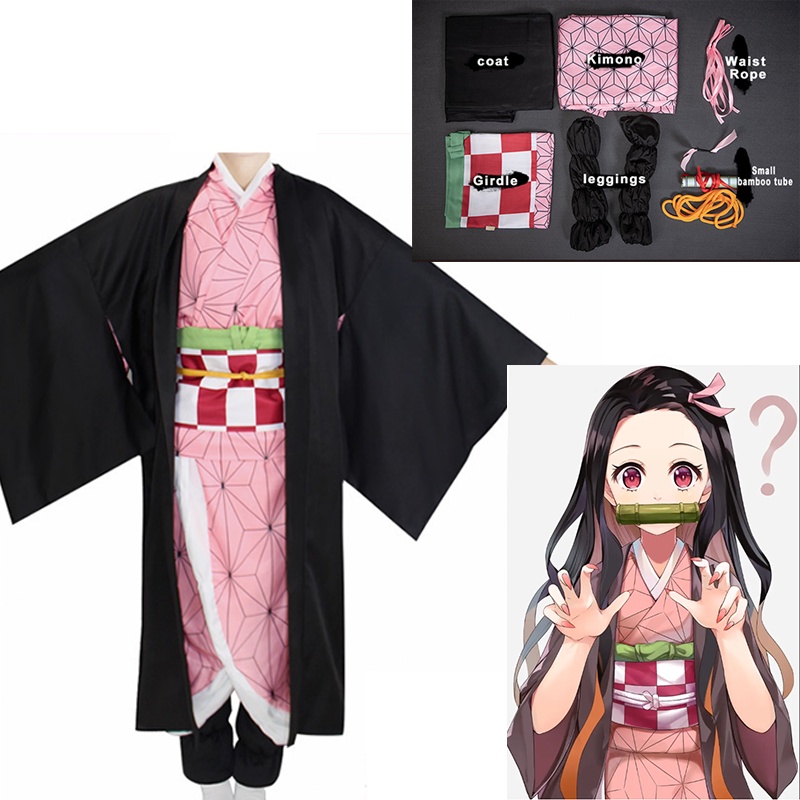 Demon Slayer Kamado Kimono Nezuko Cosplay Kostuum Mantel Rok Jurken 