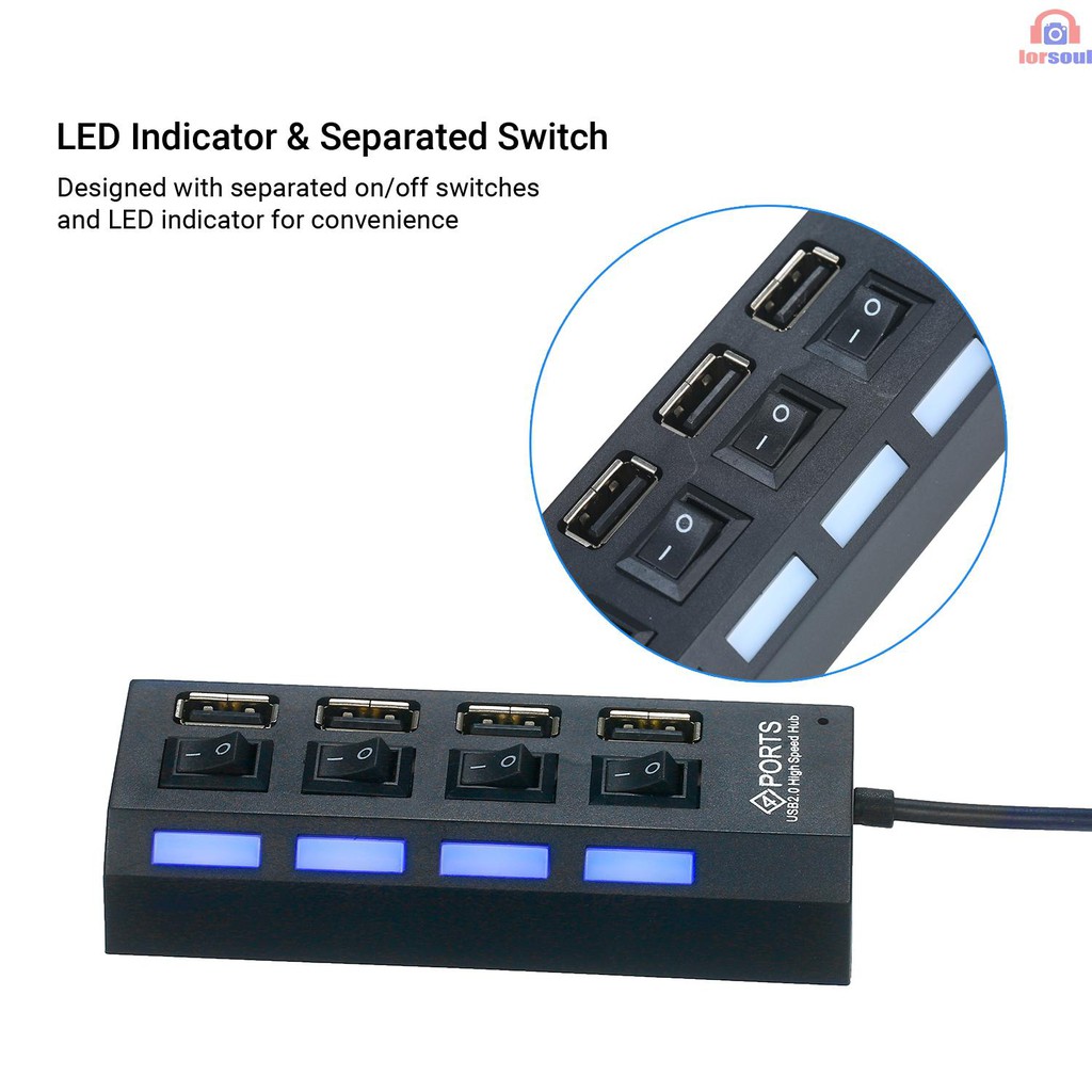 4-Ports USB Hub 480Mbps High Speed Data Transfer USB 2.0 Charging ...