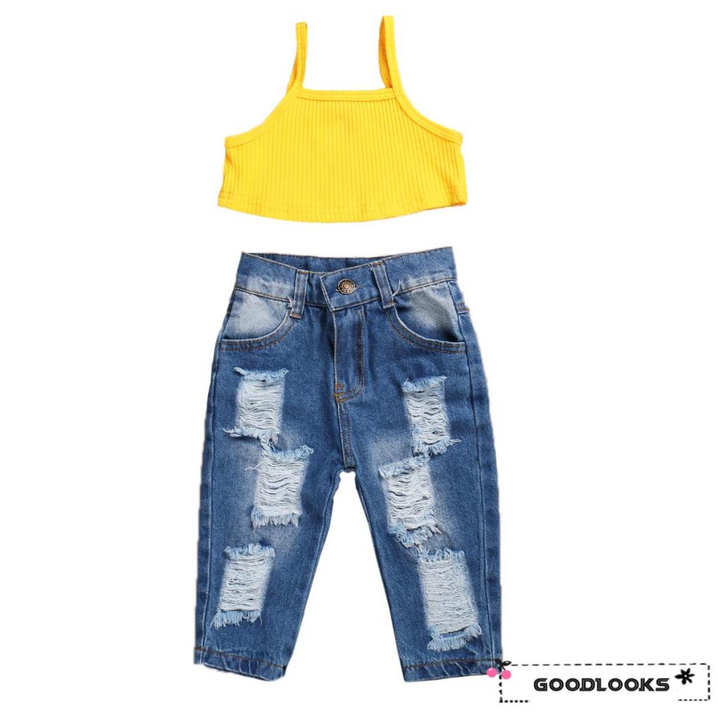 GD-Baby Girl Ripped Denim Pants Set Floral Off Shoulder Top Ruffle