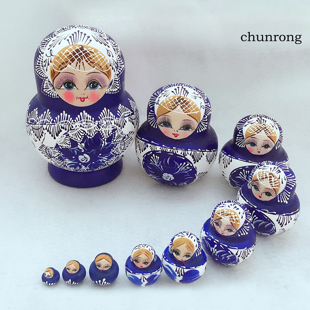 CR 10Pcs Set Russian Nesting Dolls Matryoshka Wooden Handmade Toy Craft Home Decor