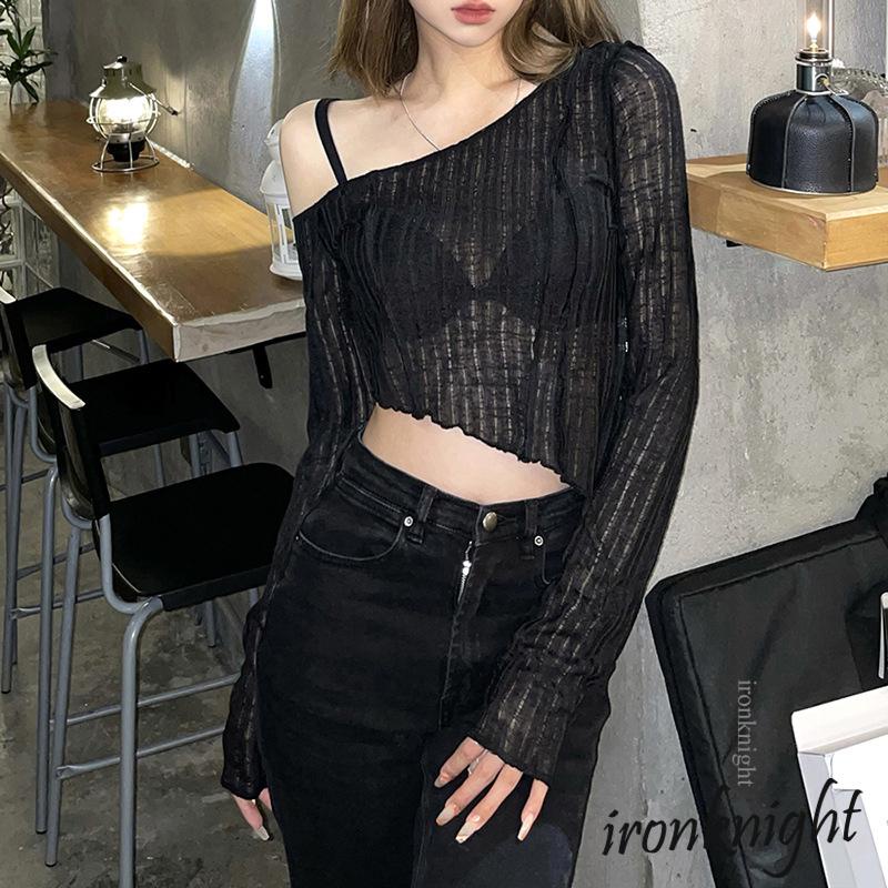 ironknight-Women Fashion Solid Color Oblique Shoulder Irregular Exposed ...