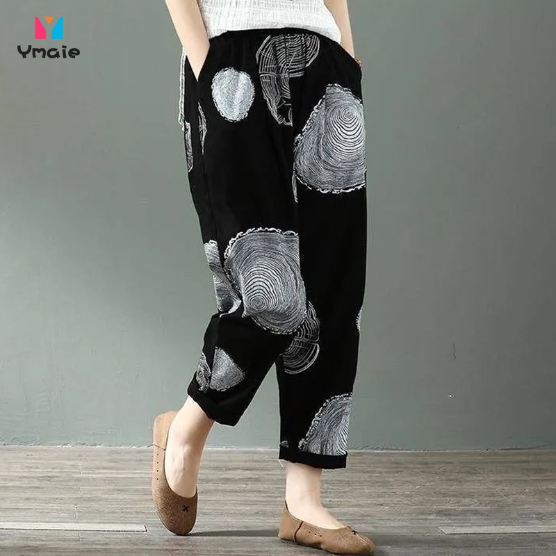 Trousers Ethnic Literary Harem Pants Cotton Fabric Retro Loose Nine-point  Women's Pants Printed Casual Pants