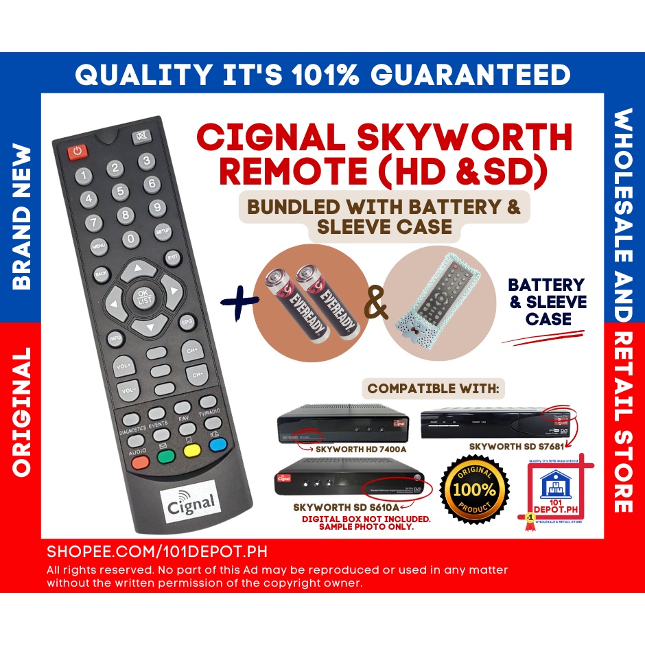 Cignal Remote Skyworth (HD & SD) Compatible w/ 7400A, S610A & S7681 ...