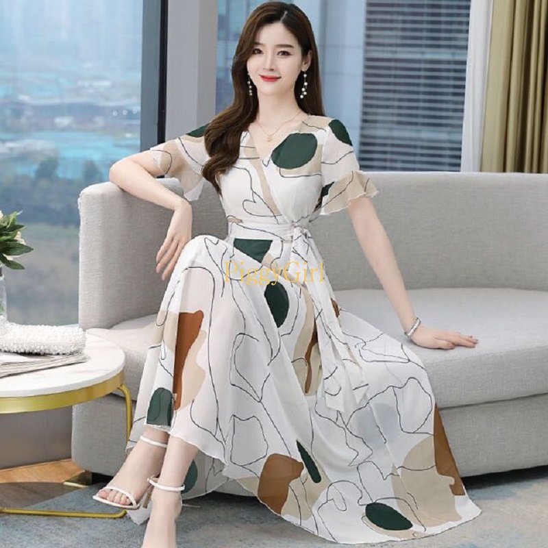 PiggyGFashion Dress Summer Dress Long Dress New Waist Slim Temperament