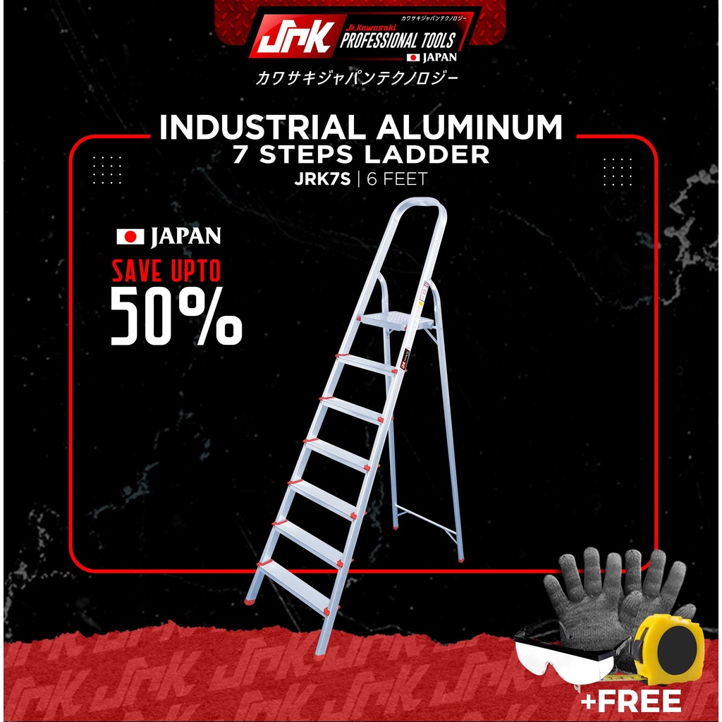 JR KAWASAKI Industrial Foldable Aluminum 7 Steps Ladder 6 Ft. Height ...