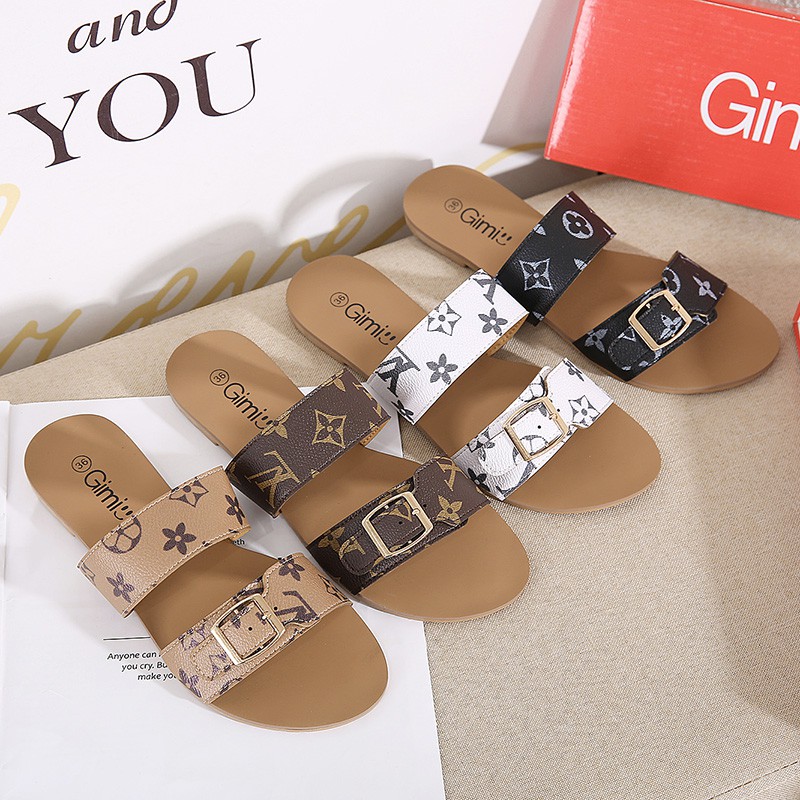 lv Double buckle Louis Vuitton Printed Strap Slide Sandals for Women three  colors