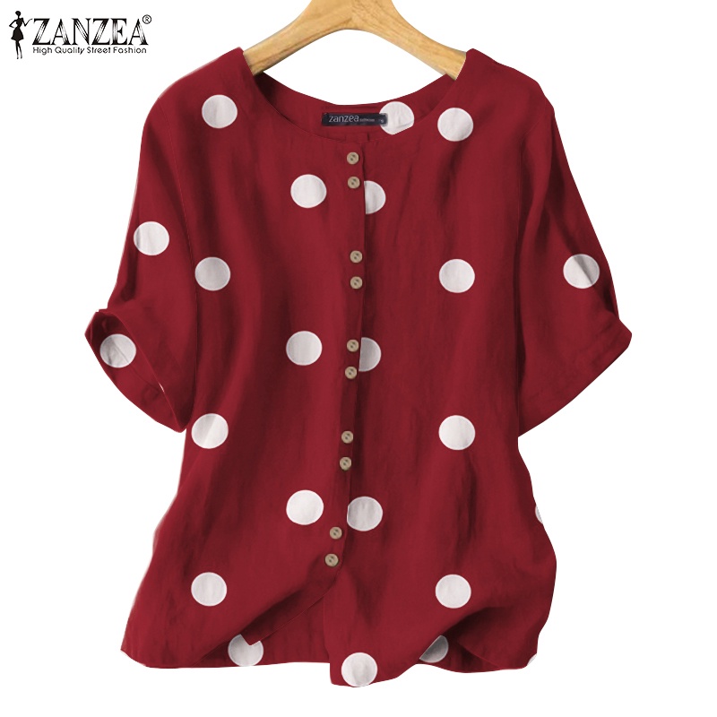 ZANZEA Women Short Sleeved Oversized Baggy Polka Dots Blouse | Shopee ...