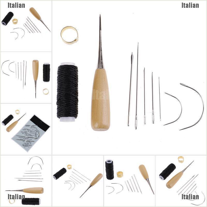 1Set Leather Sewing Needles Stitching Awl Needle Thread Thimble Shoe Repair  Tool 