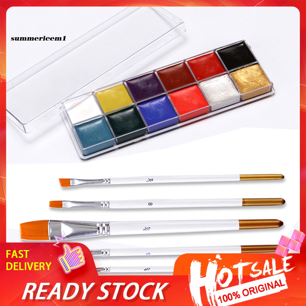 Halloween 12 Colors Washable Face Body Oil Painting Pigment Brushes