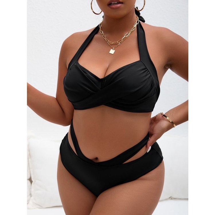 PLUS SIZE Two Piece Swimsuit PushUp Halter Padded Bra High Cut Bikini