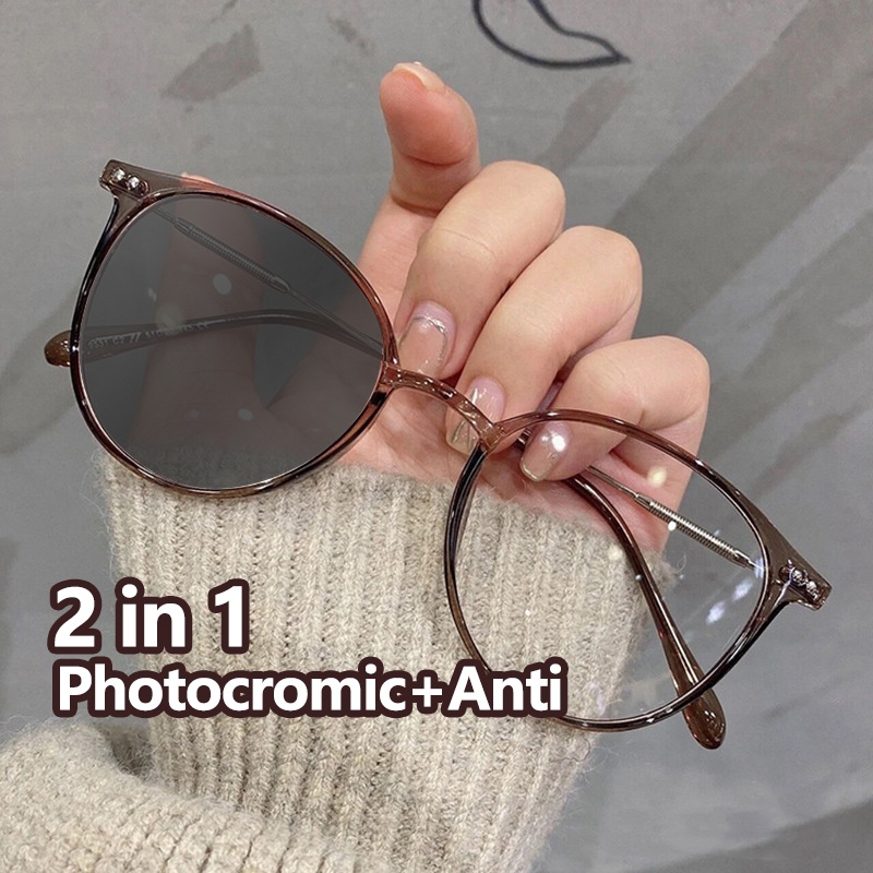 Photochromic eyeglass Anti-Radiation Glasses Metal Blue Light Blocking  Retro Flat Lens Female Plain Frame
