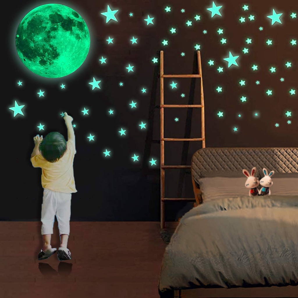 Glow in The Dark Stickers / Luminous Moon Earth Stars 3D Bubble Wall ...