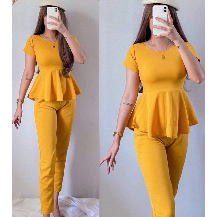 Neon Yellow Striped Peplum Coordinated Set
