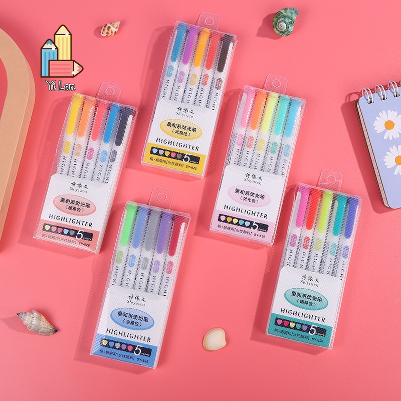 5 Colors/box Double Headed Highlighter Pen Set Fluorescent Markers  Highlighters Pens Art Marker Japanese Cute Kawaii Stationery,For School  students