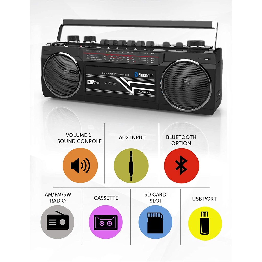 Riptunes Cassette Boombox, Retro Blueooth Boombox, Cassette Player and