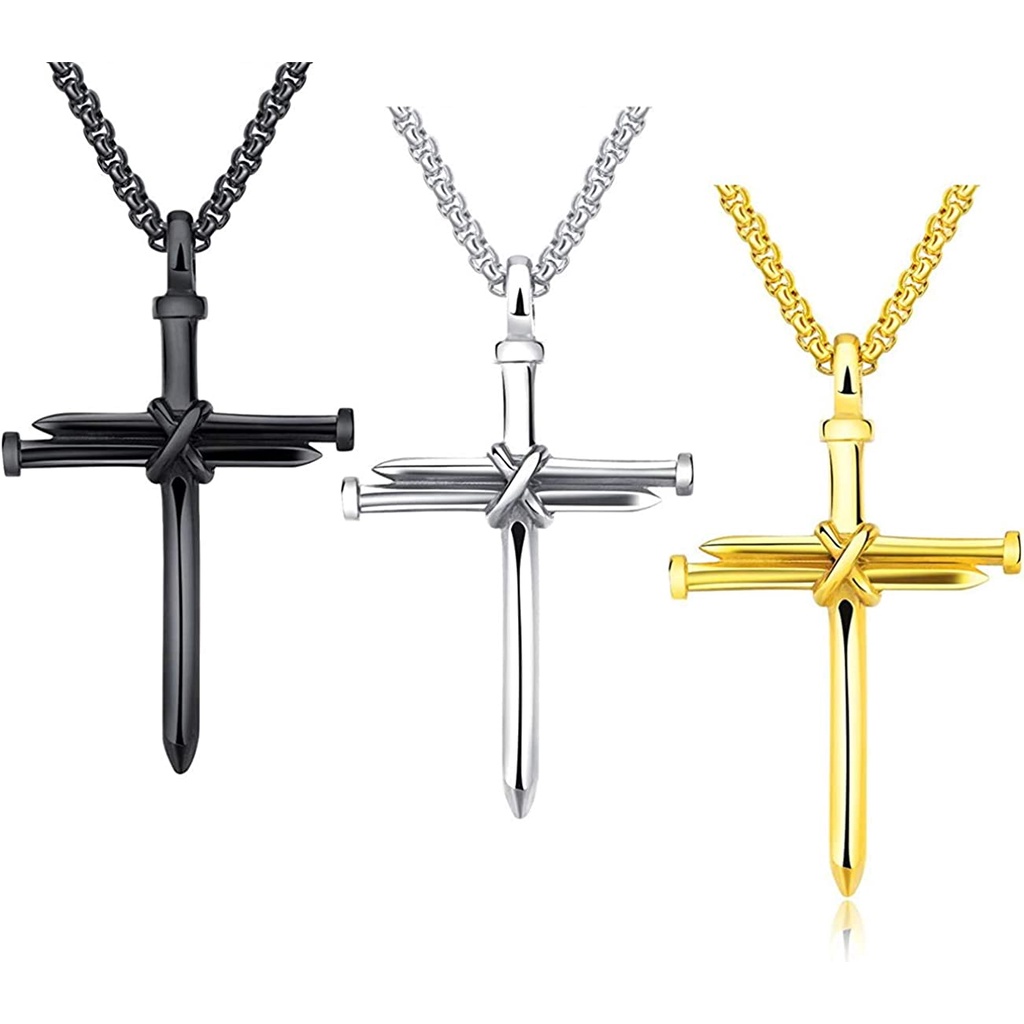 Mens Nail Cross Necklace Stainless Steel Cross Pendant Necklace 