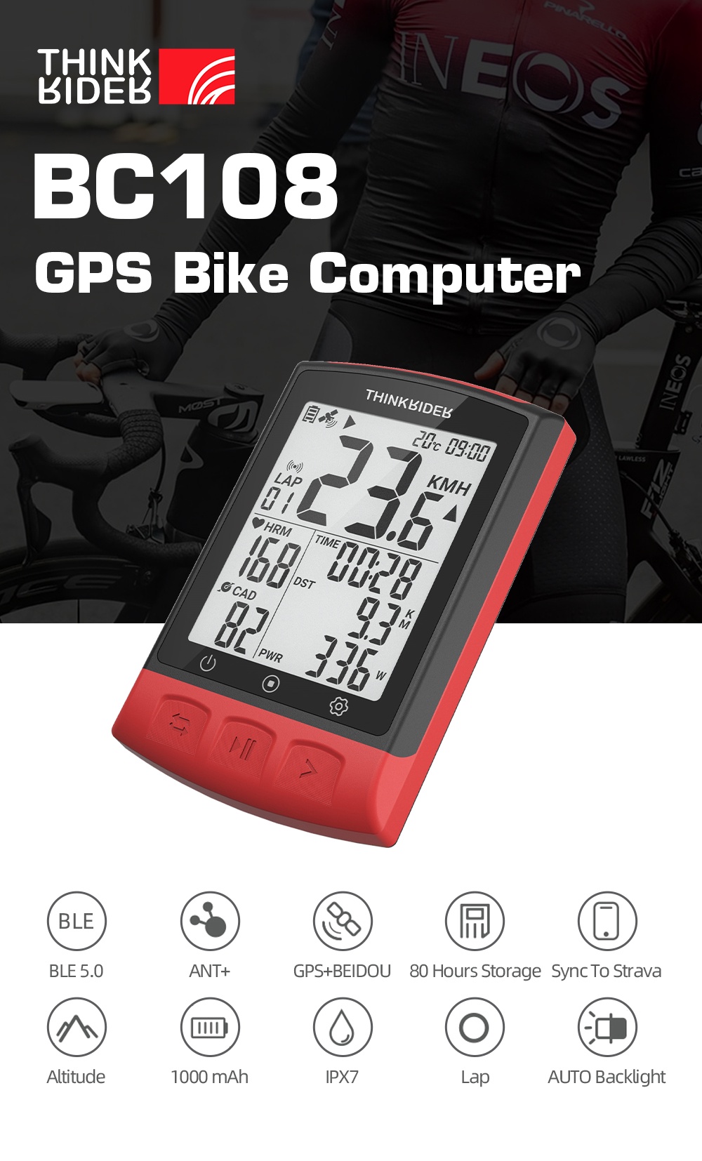 ThinkRider BC108 GPS Smart Bike Computer ANT+ BLE Powermeter IPX7 ...