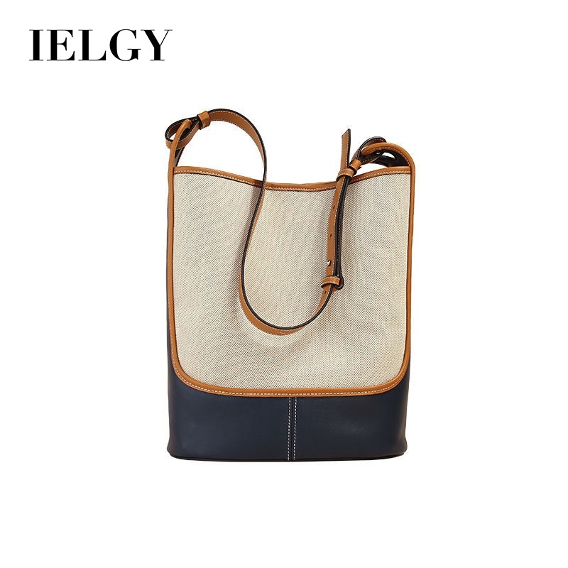 IELGY Contrasting Color Canvas Bucket Bag Women Large Capacity Shoulder Messenger