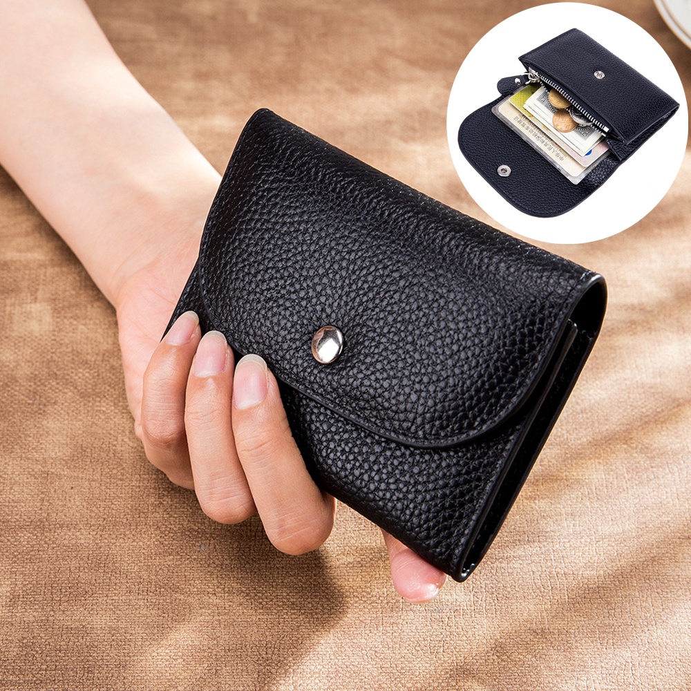 Ladies Wallet Black Leather Wallet With Coin Pouch Simple Cowhide