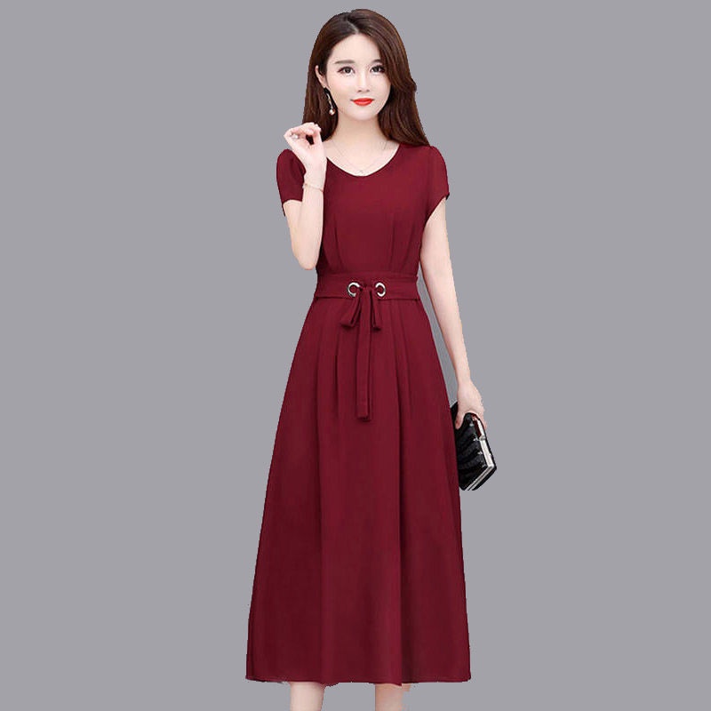 Summer Plain Dress Korean A-Line Round Neck Midi Skirt Short Sleeves ...