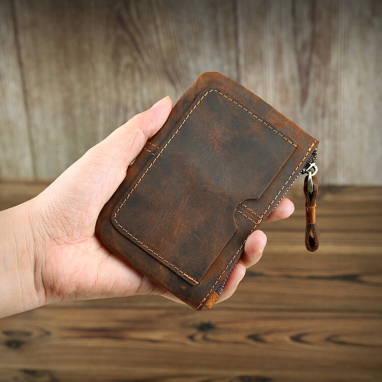 Saashi Handmade Vintage Crazy Horse Genuine Leather Men's Short Card Wallet Money Clip.
