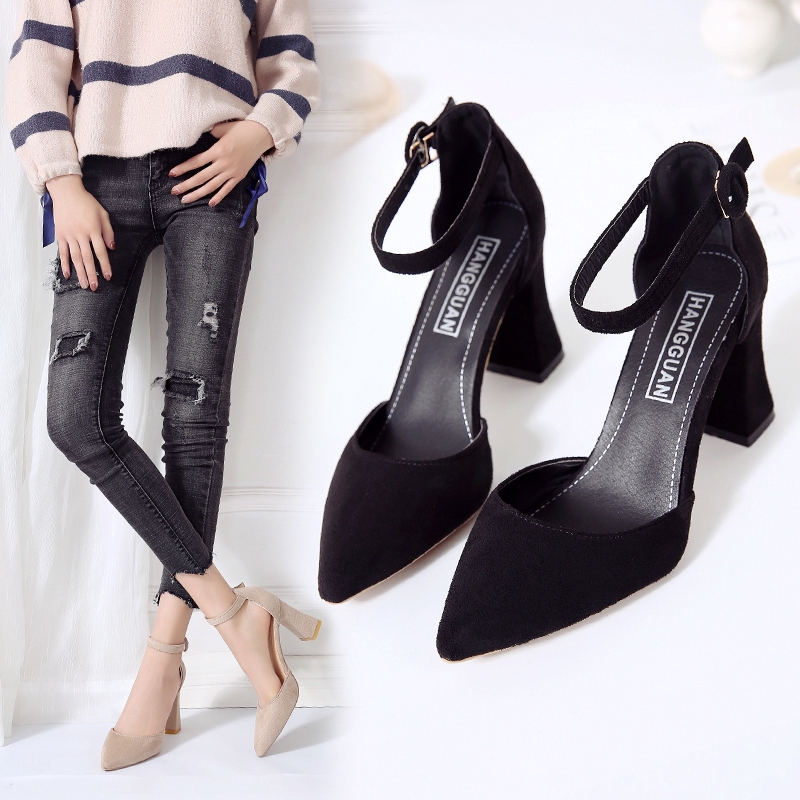 Strappy Pointed Heels for Women Suede High Heels Ladies Ankle Strap Pumps Korean Rubber Shoes