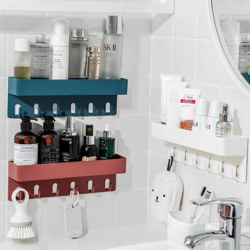 Self Adhesive Bathroom Rack with 6 Wall Hooks Shelf Bathroom Organizer ...