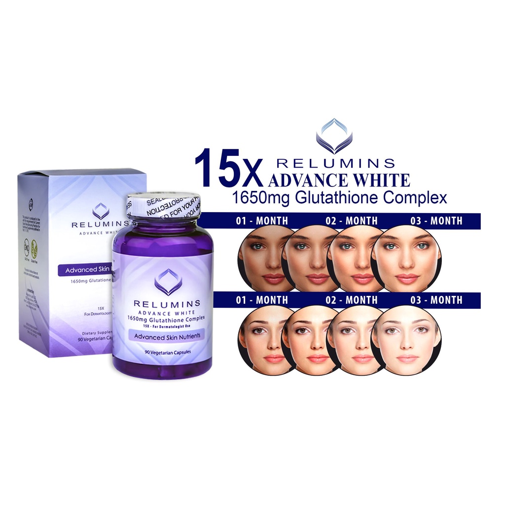Relumins Skin Whitening 15x Glutathione 1650mg 90 Capsules (Dermatologist  Recommended)