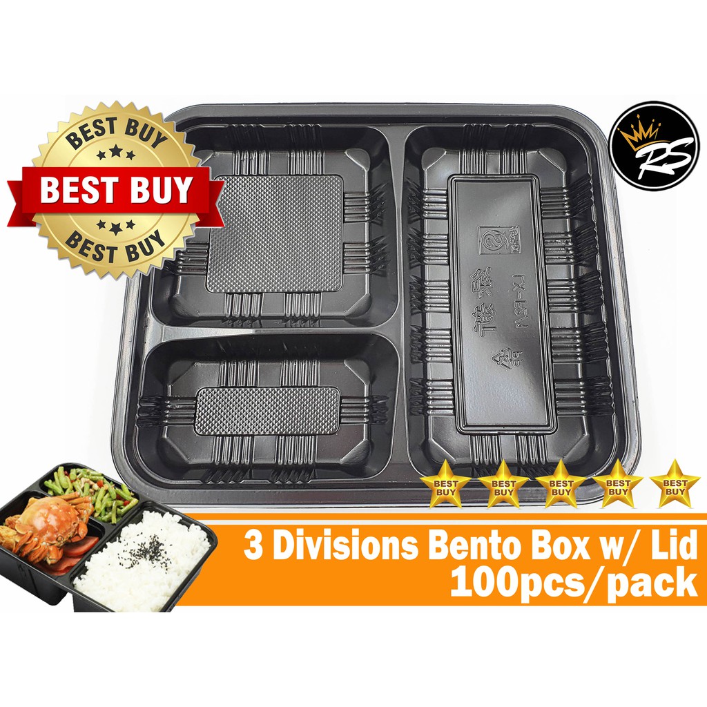Royal Selection 100pcs Disposable Bento Box 3 division/grid with lids