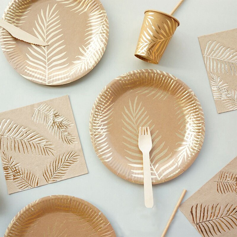 Disposable Kraft Paper Tableware Set Golden Colored Palm Leaf Pattern ...