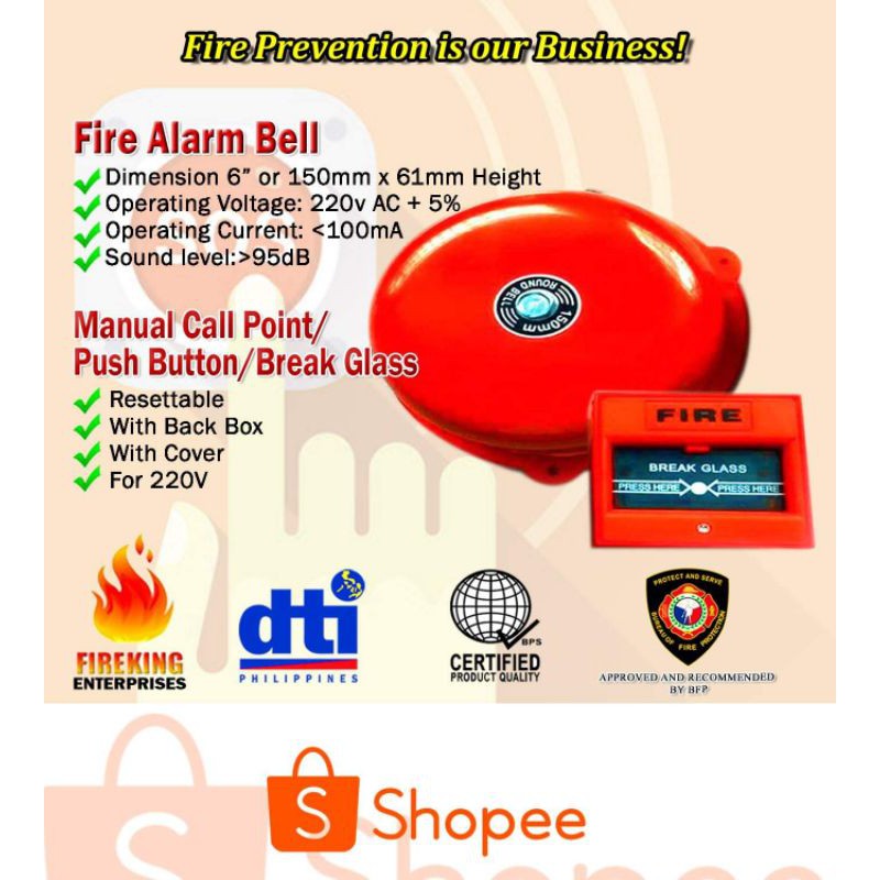 FIRE ALARM BELL WITH MANUAL CALL POINT 220v | Shopee Philippines