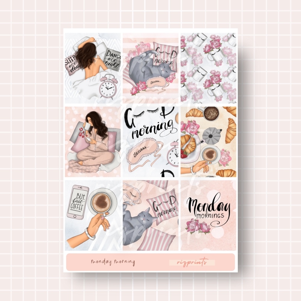 MONDAY MORNING | Planner Stickers, Coffee, Cat, Clock, Aesthetic ...