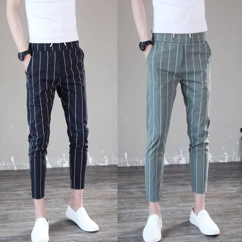 【shengwofu.sg】Spot Goods Striped Pants Men's Cropped Summer SlimFit