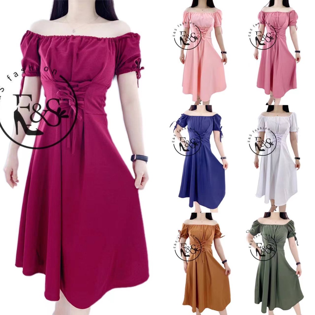 lgoh.ph】High Quality Corset Waist Puff Sleeves Square Neck Casual Long Dress(PLUSSIZE  & NORMAL SIZE
