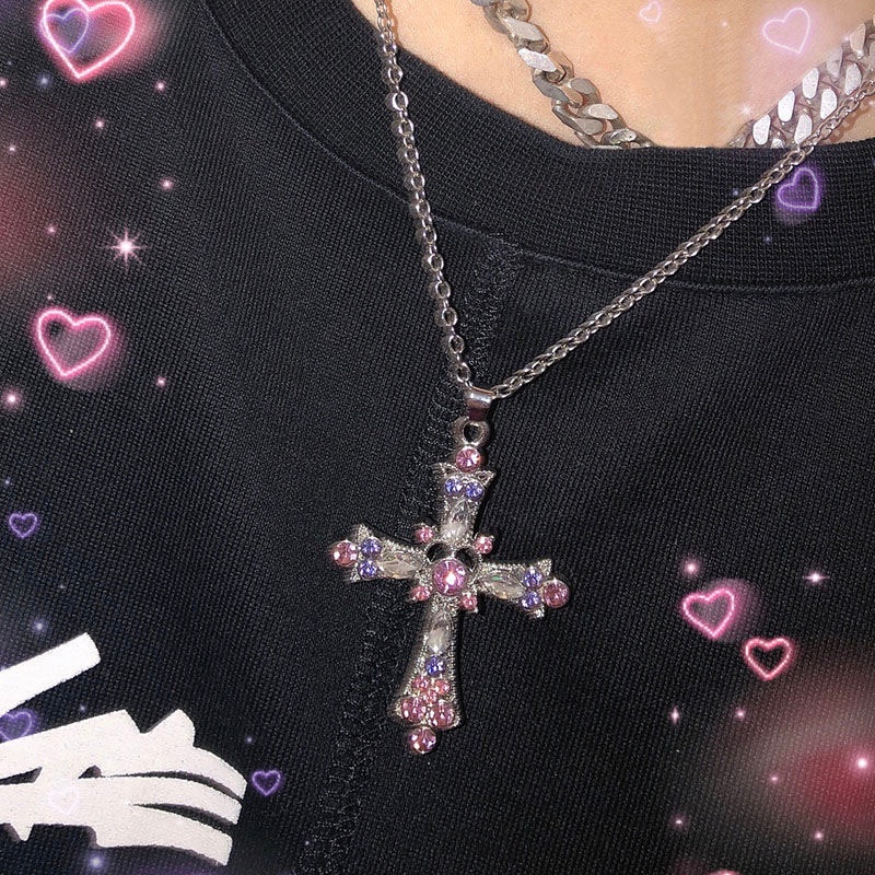 New Gothic Pink Cross Necklace Purple Zircon Punk Pendant Necklace Y2K ...