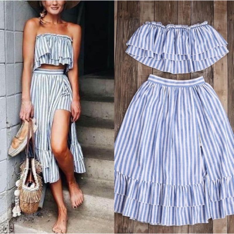 Summer Stripe Terno Top and Skirt with Slit | Shopee Philippines