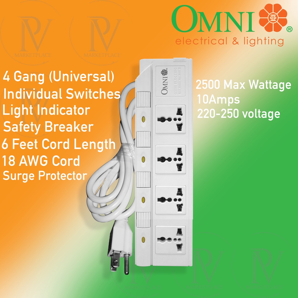 OMNI Extension Cord 4gang w/ Individual Switches, Safety Breaker, Power Surge Protector WED340