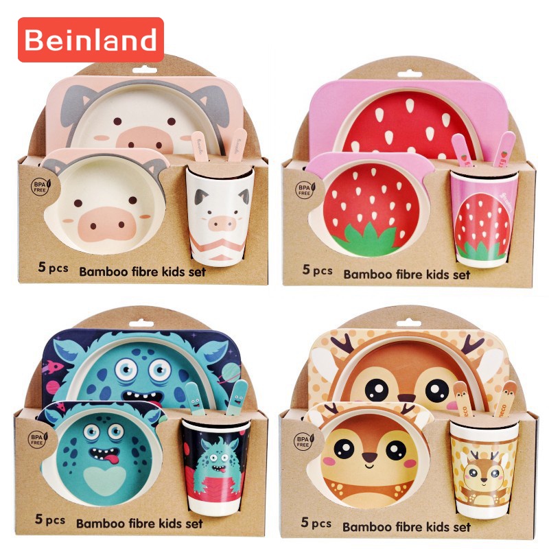 Beinland 5pcs/set Bamboo Fiber Cartoon Tableware Kids Dinner Plate
