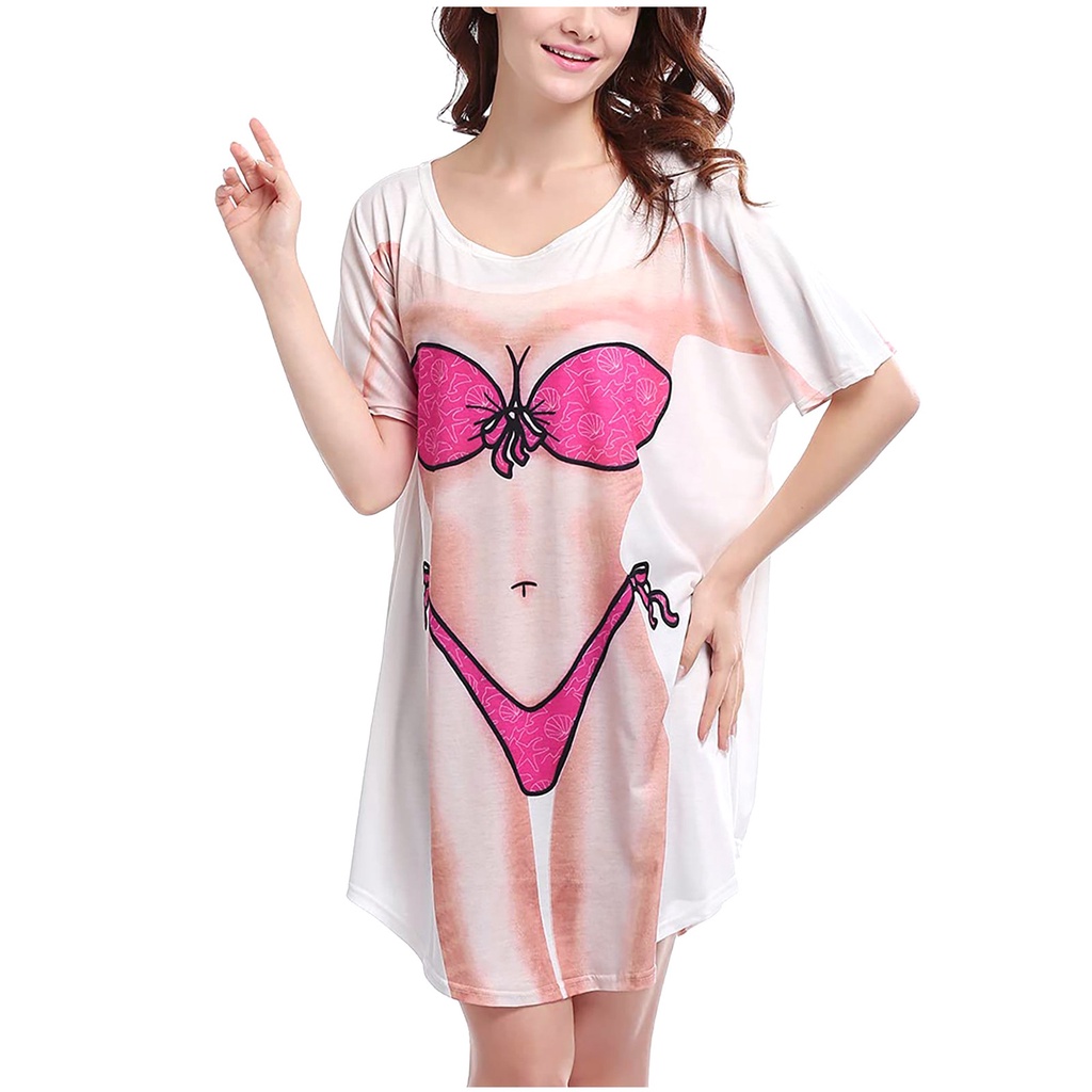 Lady's Cute Bikini Print Cover Up T-Shirt loose Long Dress