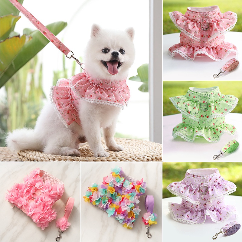 【DoDo】Pet Dog Harness Floral Lace Chest Strap Floral Lace Style Dog Leash  Pet Chest Strap Leash Dog Collar Accessories