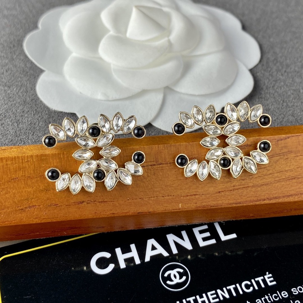 Chanel Rhinestone Blue Pearl Large Double C Stud Earrings