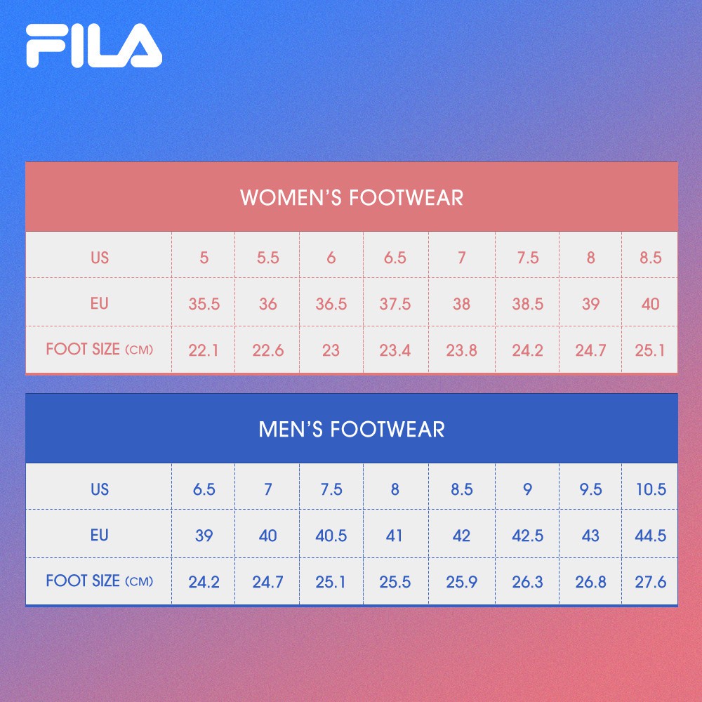 Fila size chart hot sale women's shoes