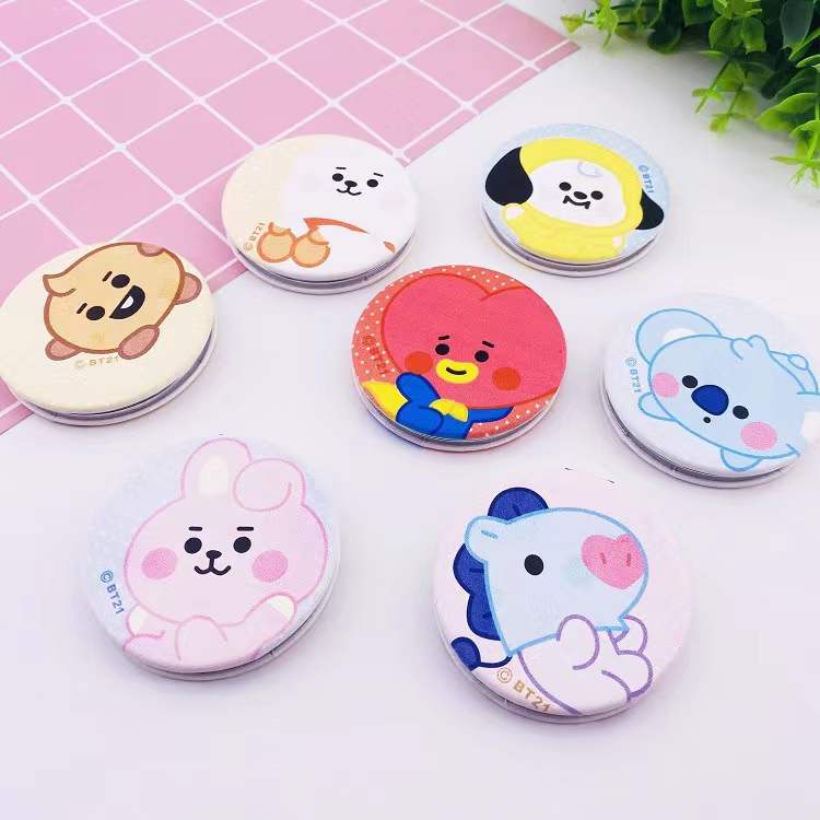 Kpop BTS BT21 Cute Cartoon Makeup Compact PU Mini Mirror Portable ...