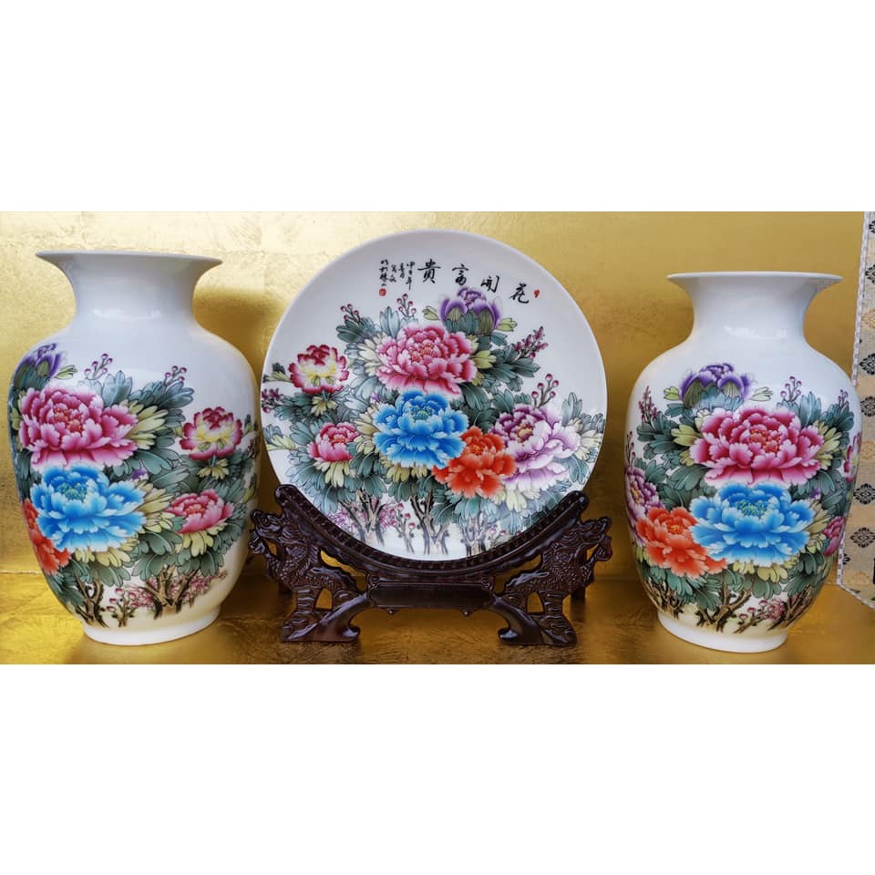 3 in 1 Plate Vase Porcelain Set 2 Vases 1 Plate Wood Stand Porcelain