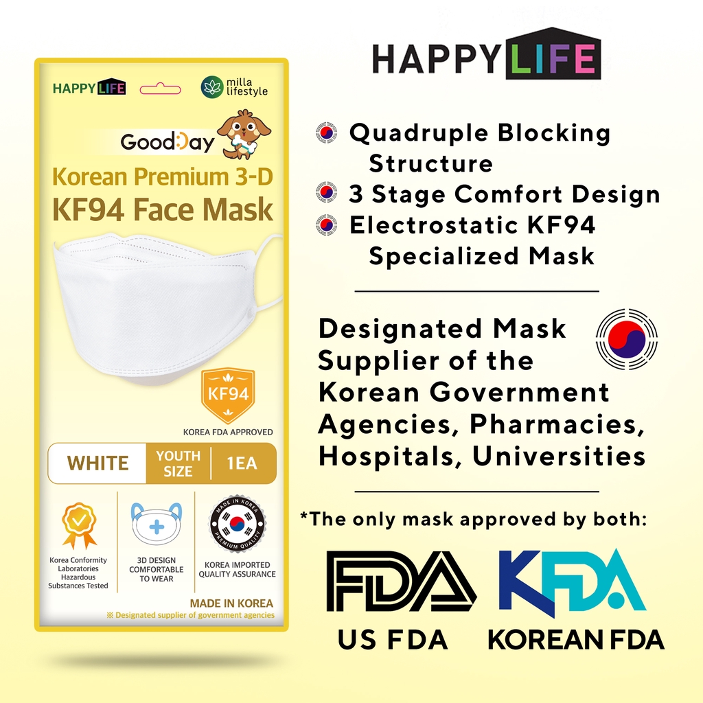 Happy Life KF94 Face Mask Youth Size White 1 Sheet KFDA and US FDA Certified protection from