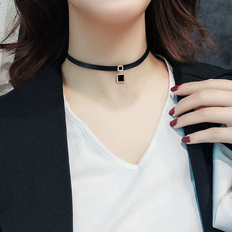 [Kokoro] Black Leather Rope Necklace Female Short Neckband Clavicle ...