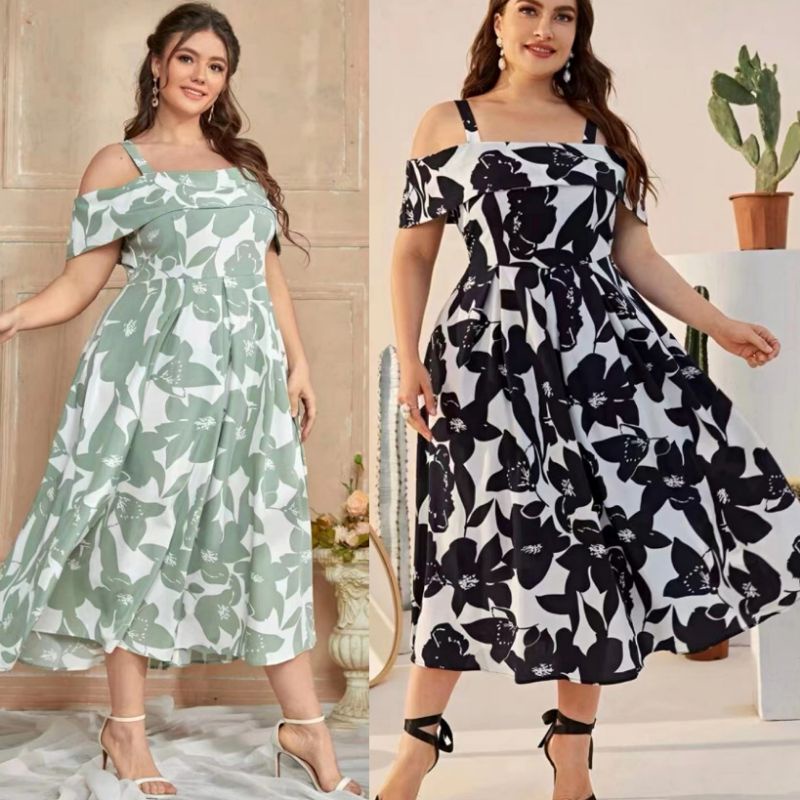 Ff Plus Size Cold Shoulder Floral Print Dress 2889 Shopee Philippines 5272