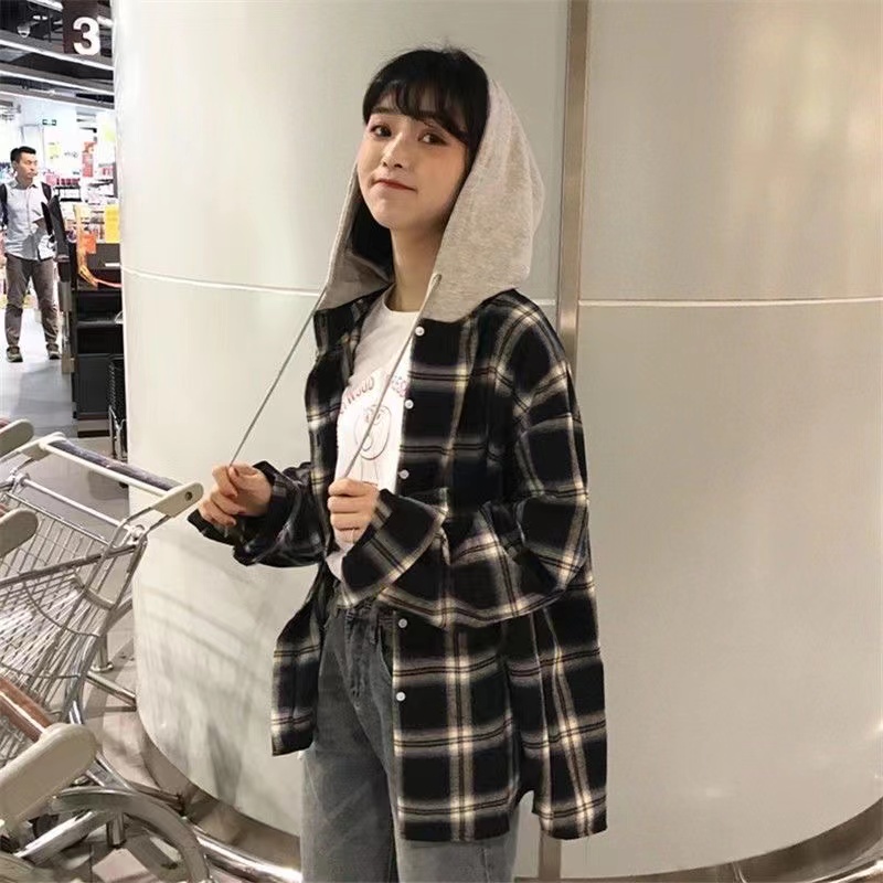 [Huangyoyo]Cotton Plaid Shirt Vintage Loose Hooded long sleeves Jacket ...