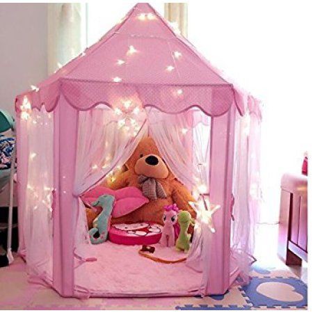 Kids Teepee Play Tent With LED Fairy Lights - Portable Foldable Cotton Canvas Playhouse For Indoor & Outdoor-526252